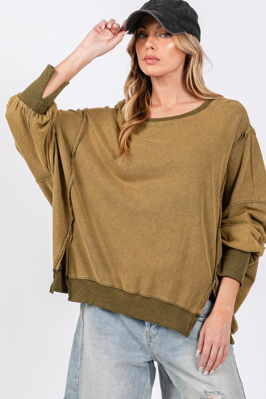 SAGE + FIG Mineral Wash Side Slit Oversized Sweatshirt Olive