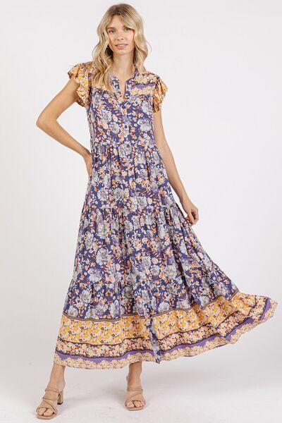Mittoshop Floral Ruffled Notched Cap Sleeve Maxi Dress Peacock Blue