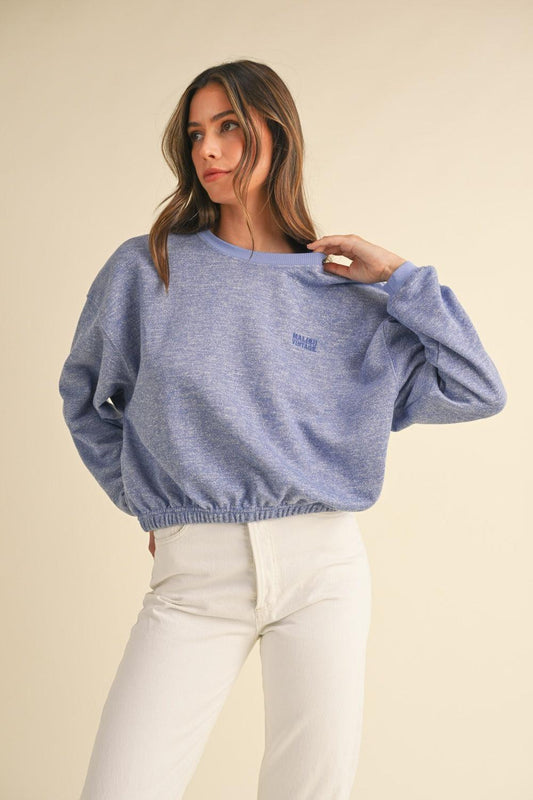 Mable Round Neck Letter Embroidery Crop Sweatshirt Blue Purple