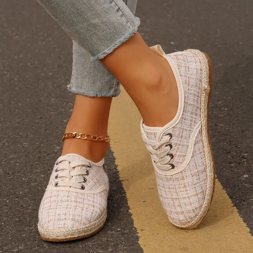 Lace Up Round Toe Flats Tweed Sneakers White