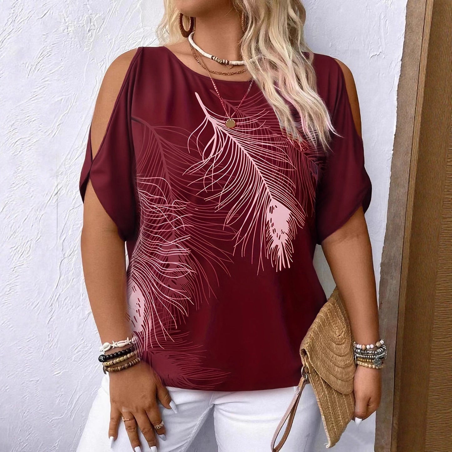 Women's Loose Round-neck Off-shoulder Top Open Sleeve