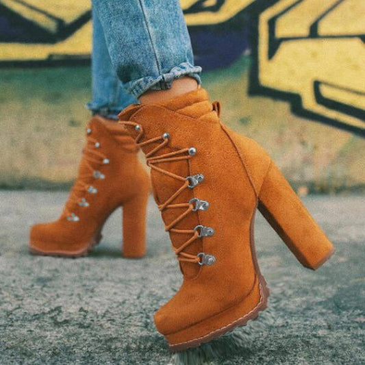 Heeled Boots For Women – Round Toe Lace Up High Heels Mid Calf Boots
