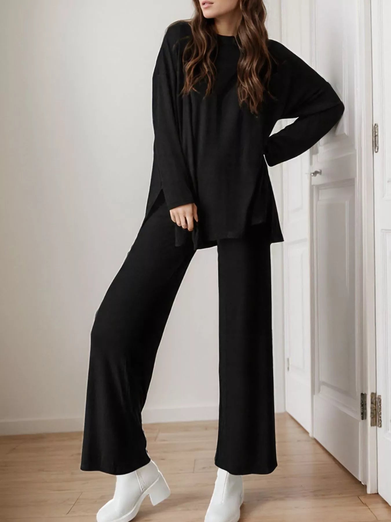 Casual Loose Long Sleeve Top and Wide Leg Pants Set