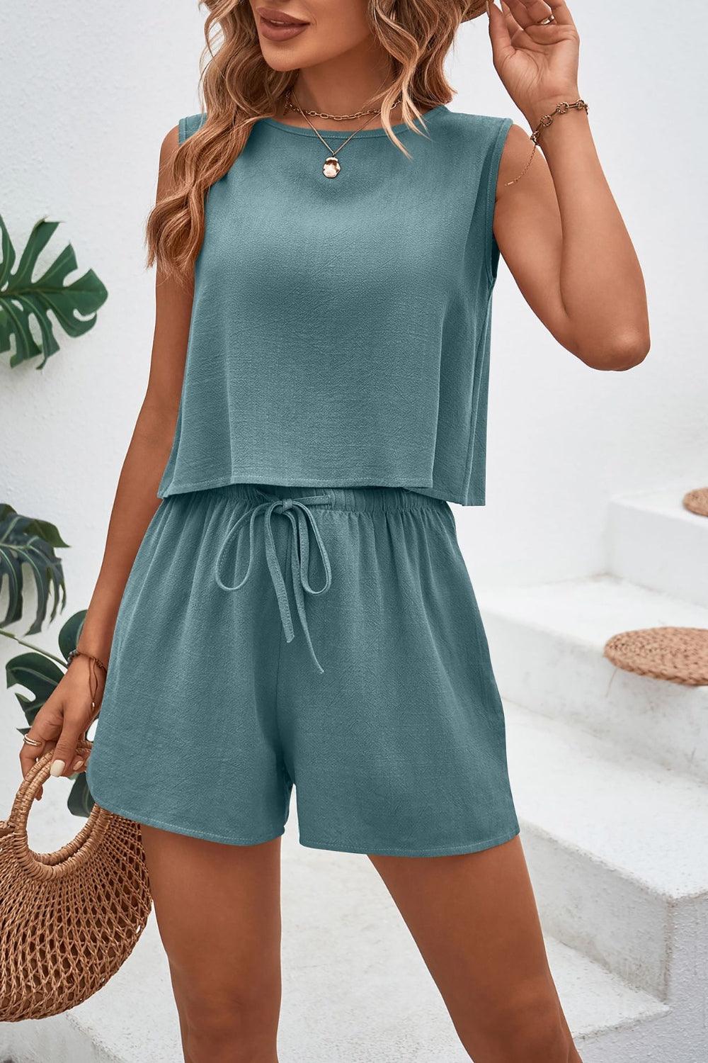Round Neck Top and Drawstring Shorts Set Teal