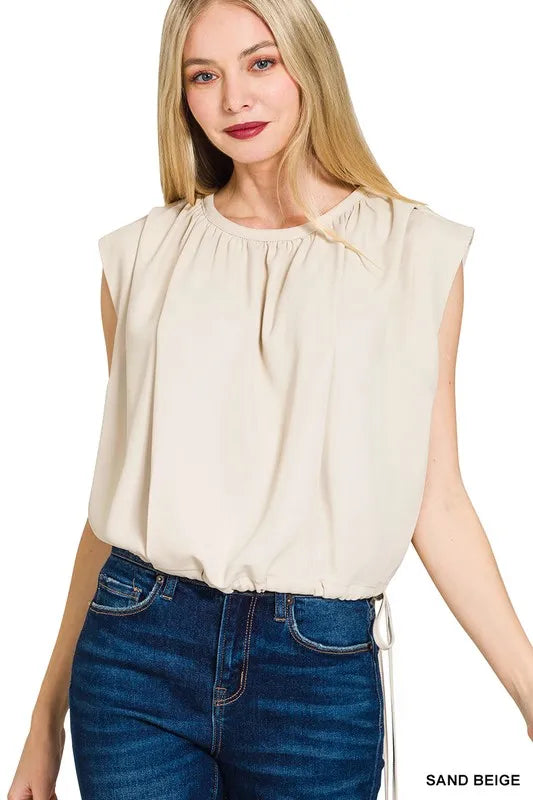 Zenana Woven Drawstring Tie Side Sleeveless Top