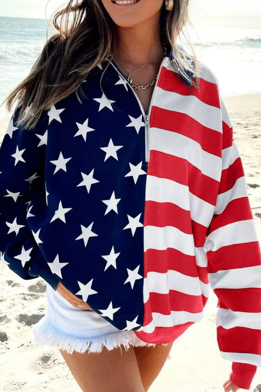 American Flag Print Half Zip Sweatshirt