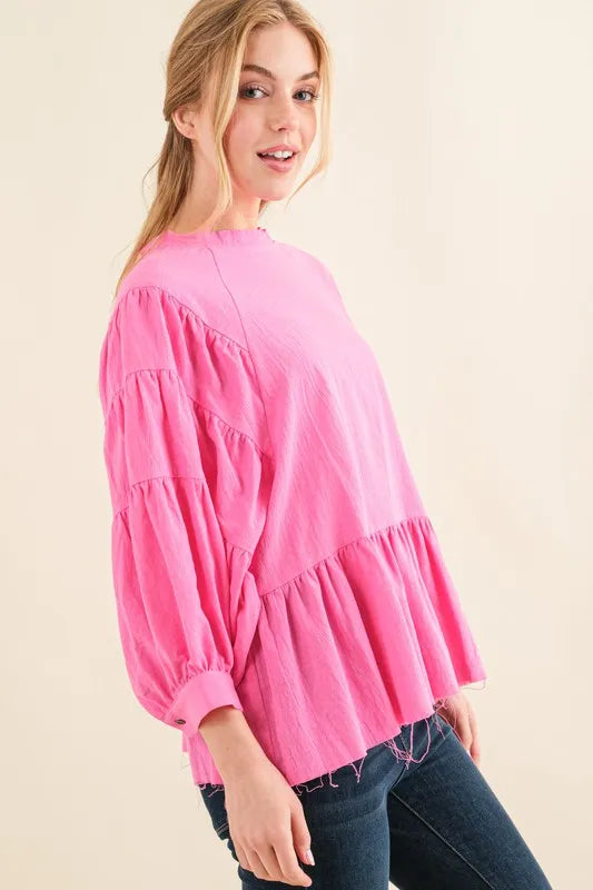 And The Why Loose Fit Tiered Raw Edge Hem Blouse Top