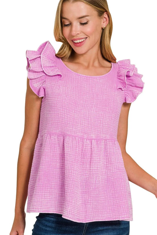 Zenana Double Gauze Acid Washed Tiered Ruffle Peplum Top MAUVE