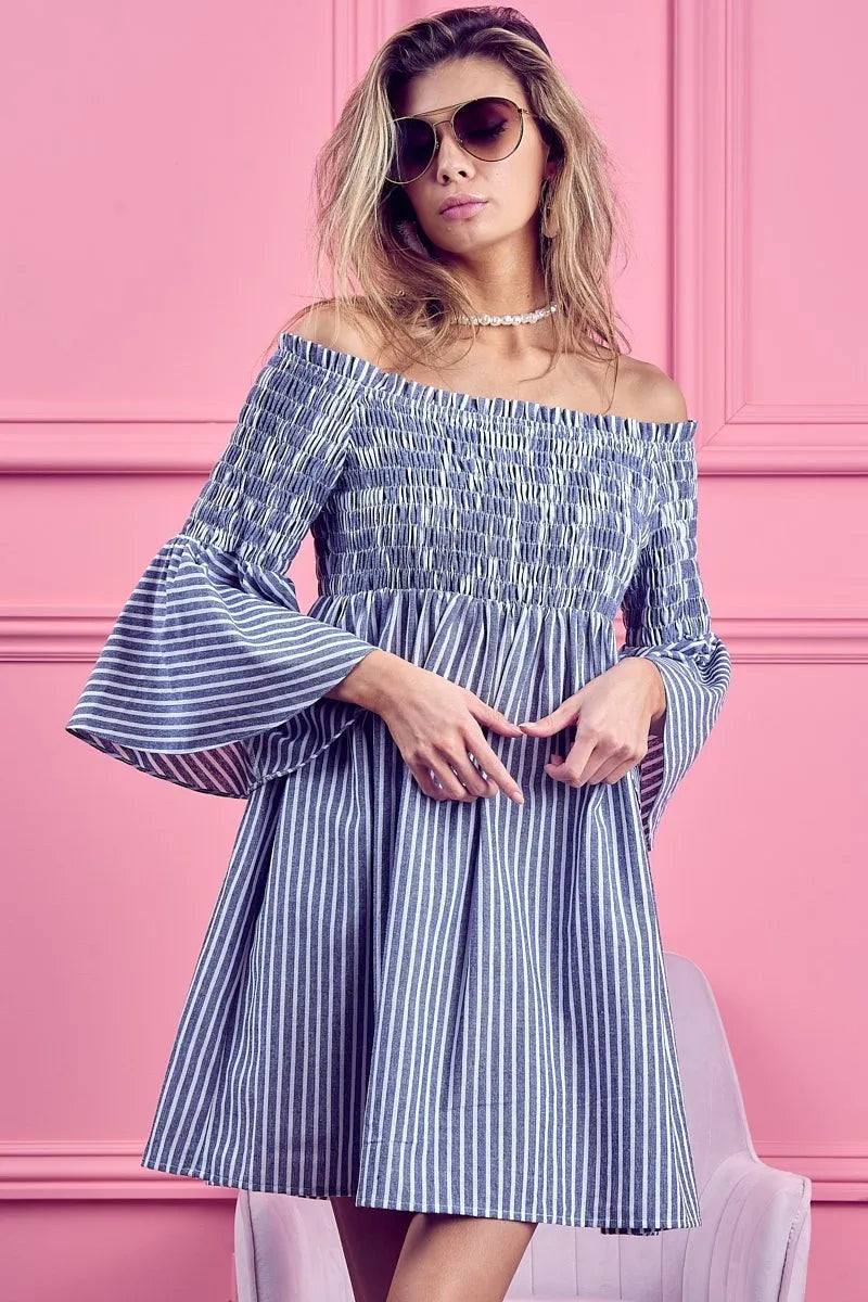 BiBi Smocked Off Shoulder Striped Dress