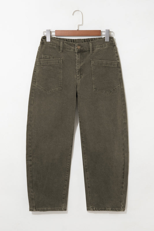 Solid Denim Square Patch Pocket Barrel Jeans