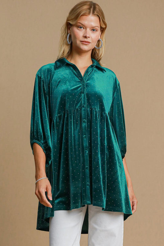 Umgee Full Size Polka Dot Collared Neck Button Up Shirt Teal Green