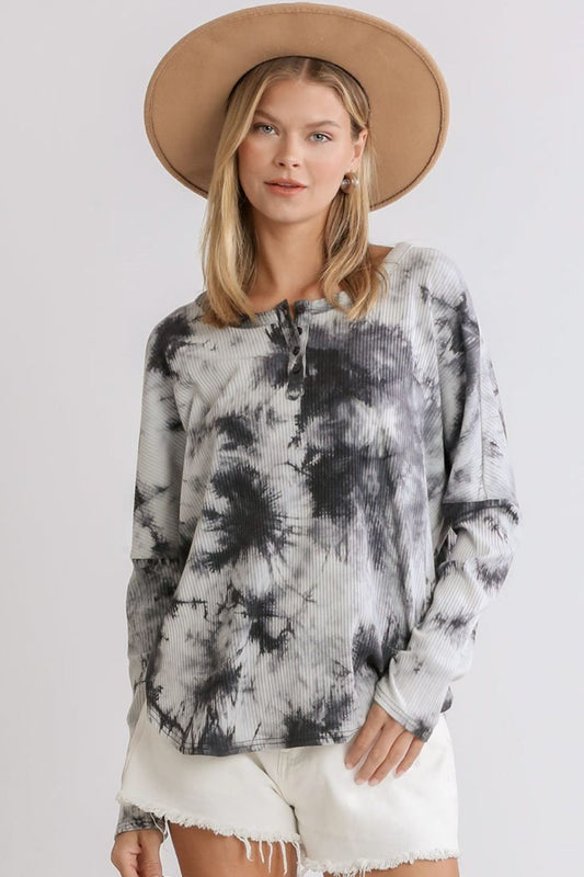 Umgee Full Size Tie Dye Round Neck Ribbed Button Front Top Plus Size Dark Gray