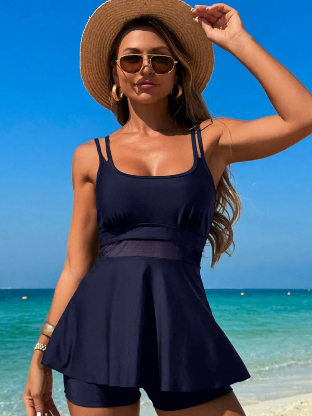 Scoop Neck Double Spaghetti Strap Top and Shorts Set Dark Navy