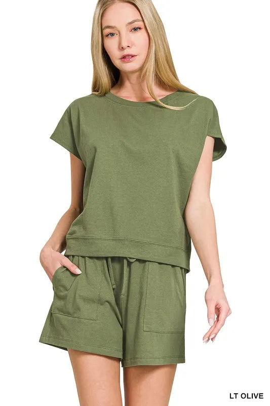 Zenana Premium Cotton Top & Shorts Set LT OLIVE