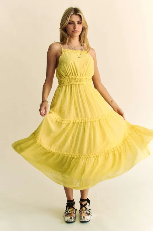 Davi & Dani Texture Swiss Dot Ruffle Square Neck Midi Dress Lemon