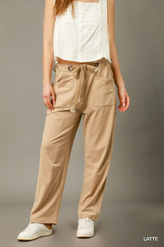 Umgee Cargo-Inspired Drawstring Pants LATTE