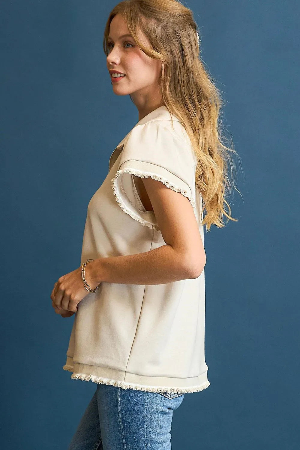 Umgee Frill Hem Half-Zip Collared Blouse