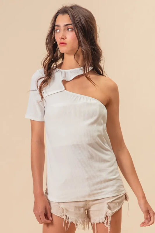 BiBi Soft Rib Knit with Cut Out One Shoulder Top OFF WHITE