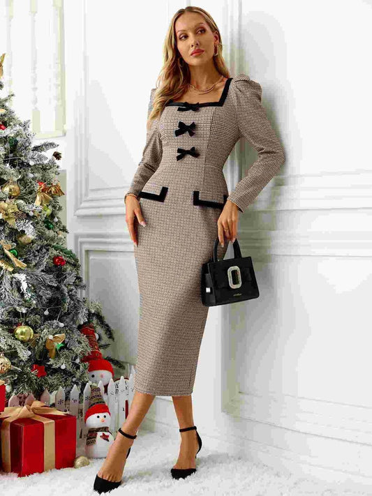 Bow Plaid Square Neck Puff Sleeve Dress Taupe