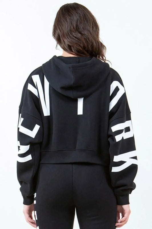 American Bazi Letter Graphic Long Sleeve Drawstring Cropped Hoodie Black