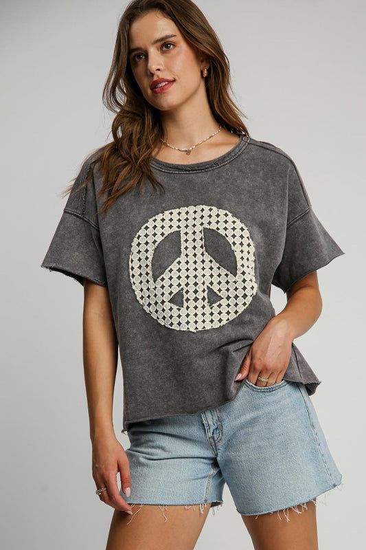 Umgee Full Size Mineral Wash T-Shirt with Lace Applique Plus Size CHARCOAL