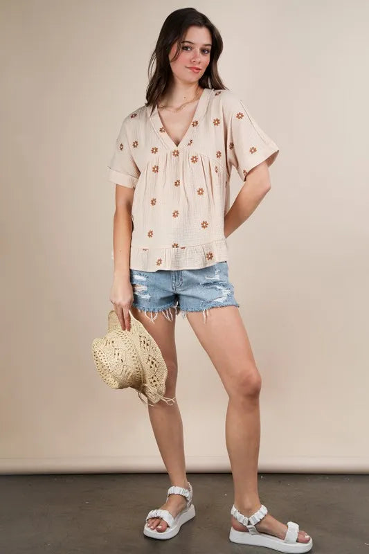 VERY J Flower Embroidered Woven Blouse Natural