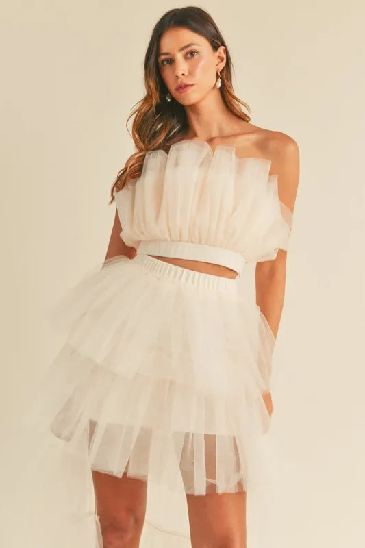 MABLE Tulle Tube Ruffle Crop Top and High Low Maxi Skirt Set Cream