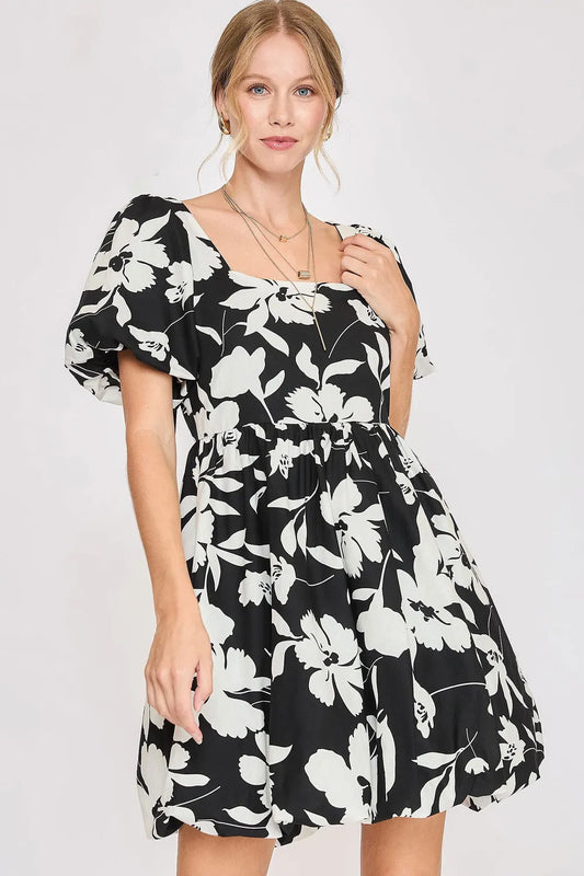 Umgee Full Size Two Tone Floral Print Babydoll Dress Plus Size Black White
