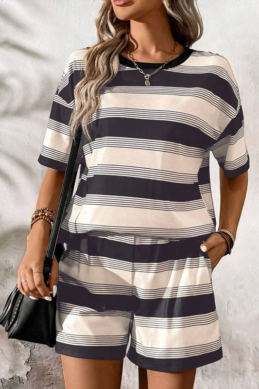 Stripe Half Sleeve T-Shirt and High Waist Pocketed Shorts Set Stripe