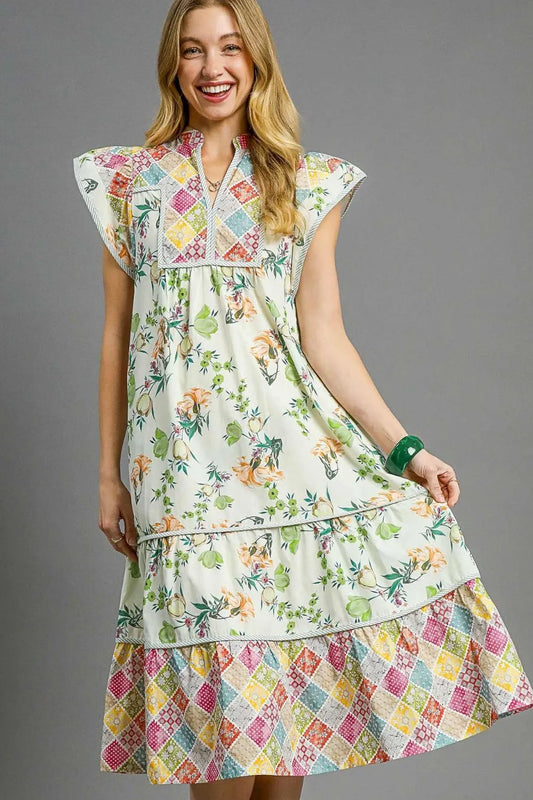Umgee Patchwork Garden Midi Dress Gum Leaf