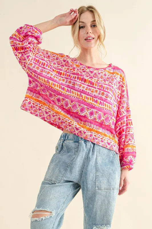 And The Why Cozy Textured Printed Casual Top CORAL