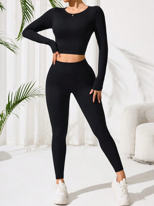 Lace-Up Back Round Neck Top and Leggings Active Set Black