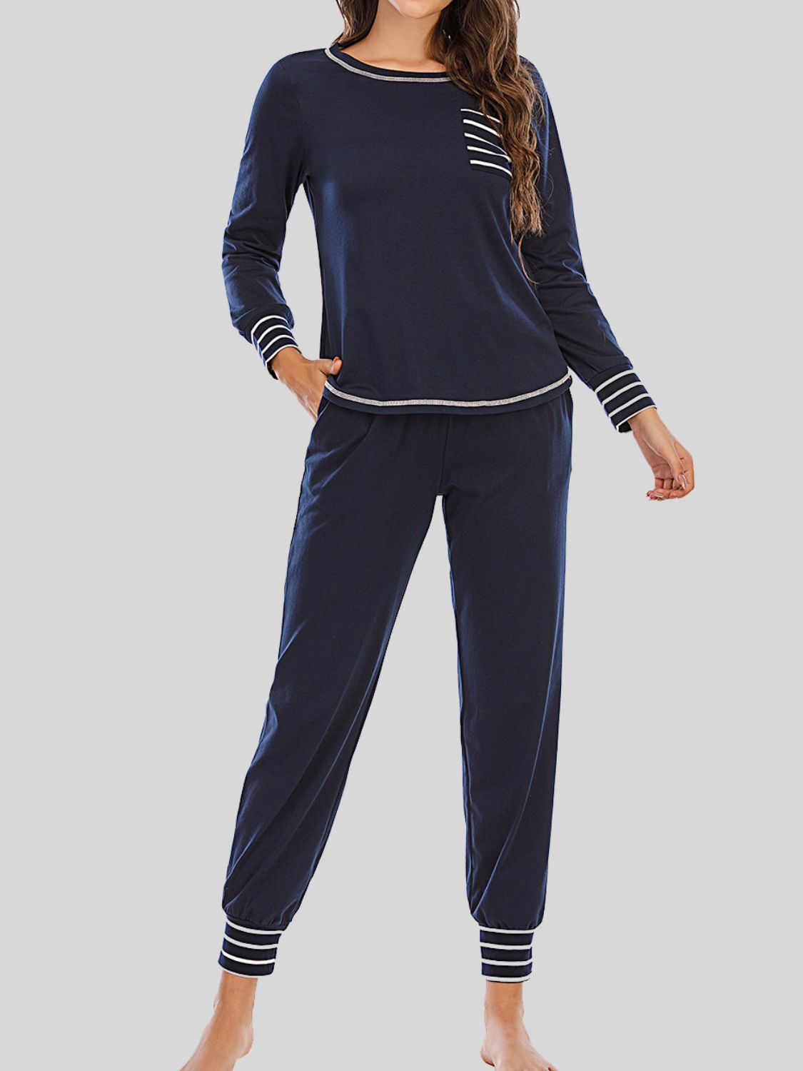 Round Neck Top and Pants Lounge Set Dark Navy