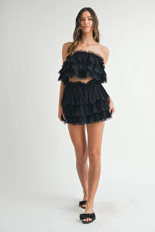 MABLE Ruffle Layered Crop Top and Mini Skirt Set