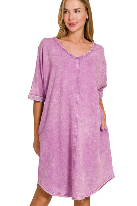 Zenana Acid-washed French Terry Tee Shirts Dress B VIOLET