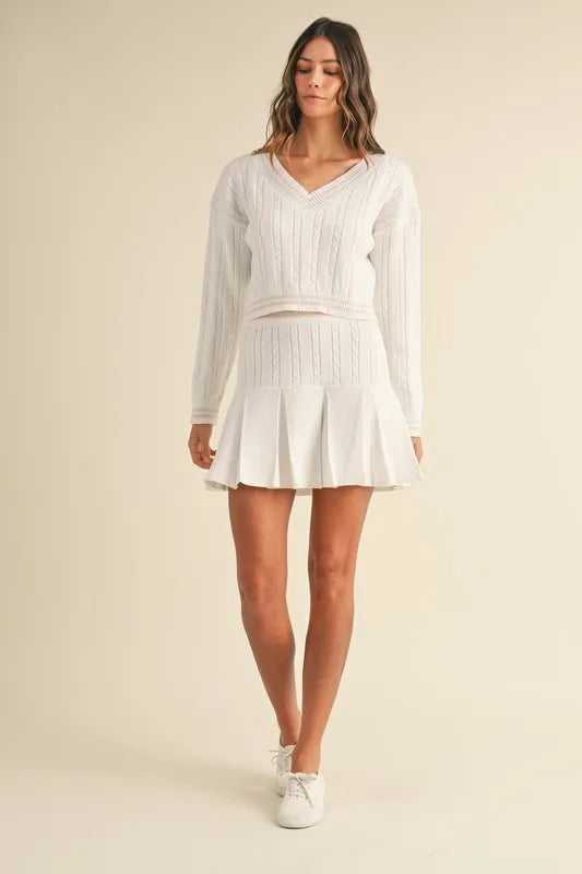 MABLE V-Neck Varsity Crop Knit Sweater and Skirt Set