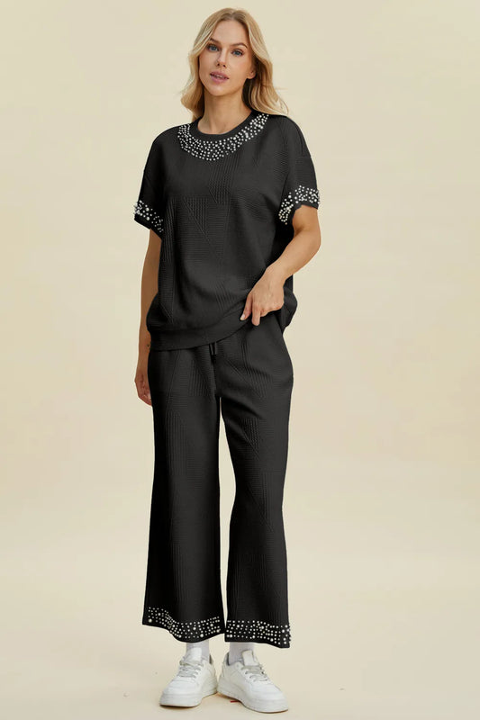 Double Take Full Size Pearl Detail Round Neck Top and Pants Set Black