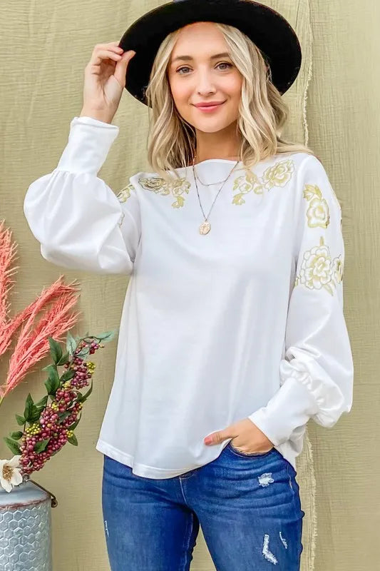 And The Why Flower Gold Embroidery Shoulder Detailed Top
