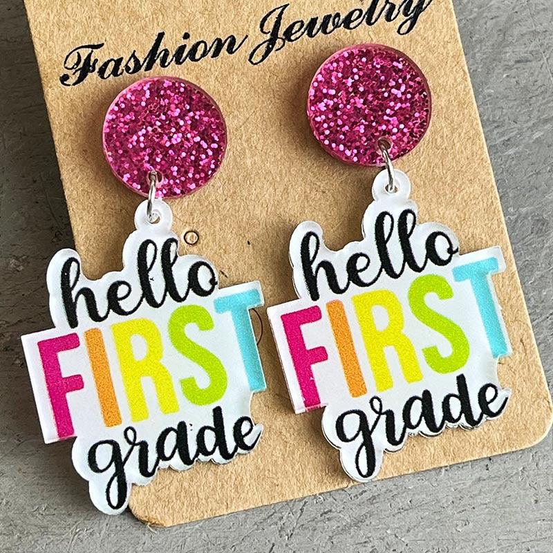 HELLO SECOND GRADE Acrylic Dangle Earrings Style A One Size
