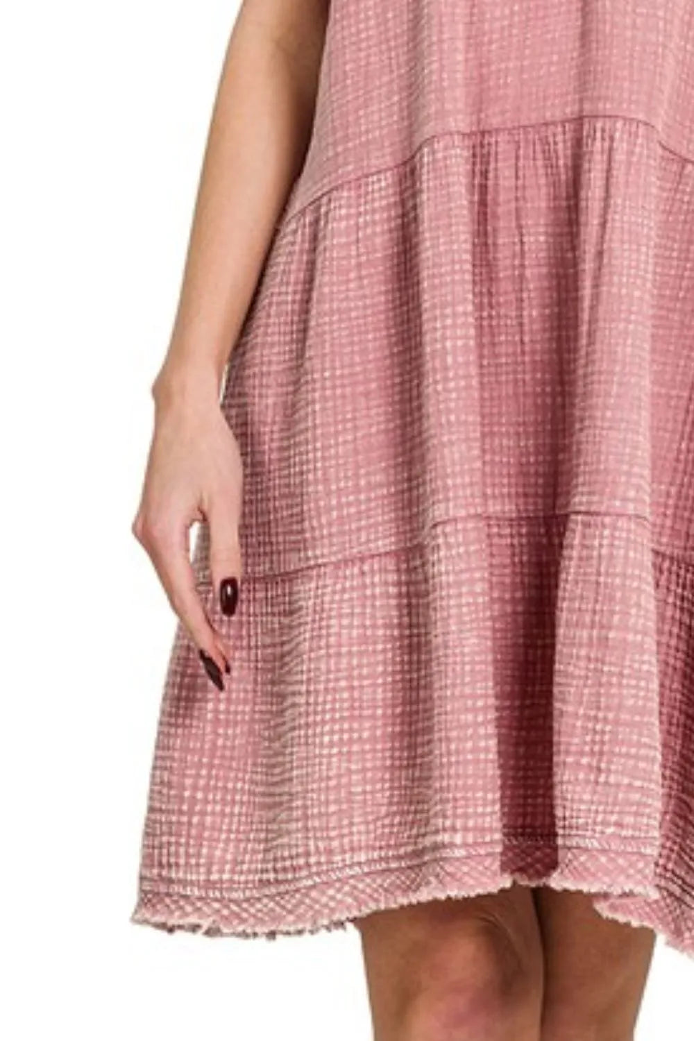 Zenana Washed Double Gauze Raw Edge V-Neck Dress