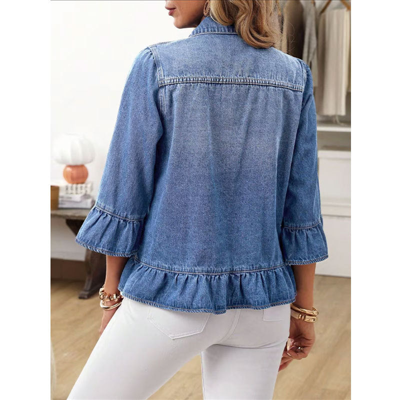 Exclusive Cross-border Supply Of Ruffled Denim Jacket For Women, Cropped Jean Jacket With Bell Sleeves, Sweet Style Outerwear