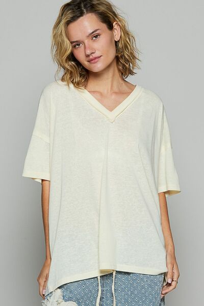 POL V-Neck Half Sleeve T-Shirt CUSTARD
