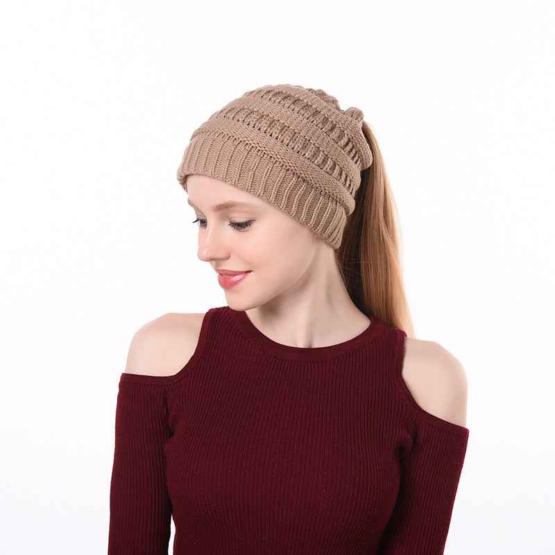 Womens Knitted Ponytail Hat Winter Warm Cap Beige With CC label