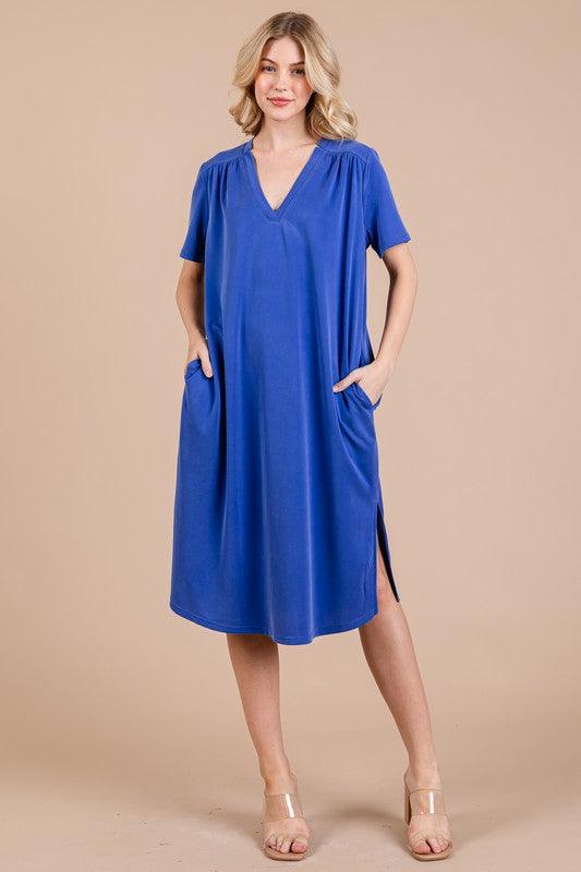 Ces Femme Side Slit Short Sleeve Midi Dress with Pockets Royal Blue
