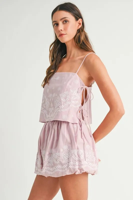MABLE Embroidered Crop Cami and Balloon Mini Skirt Set
