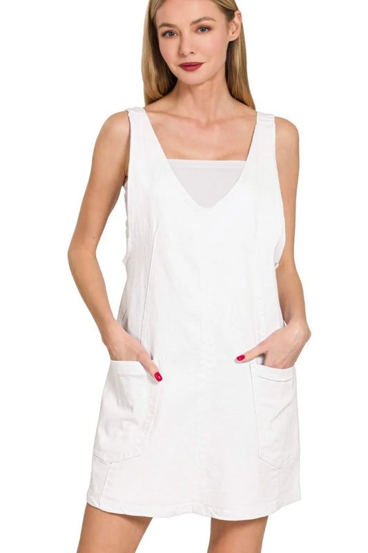 Zenana Washed Adjustable Strap Denim Overall Dress WHITE