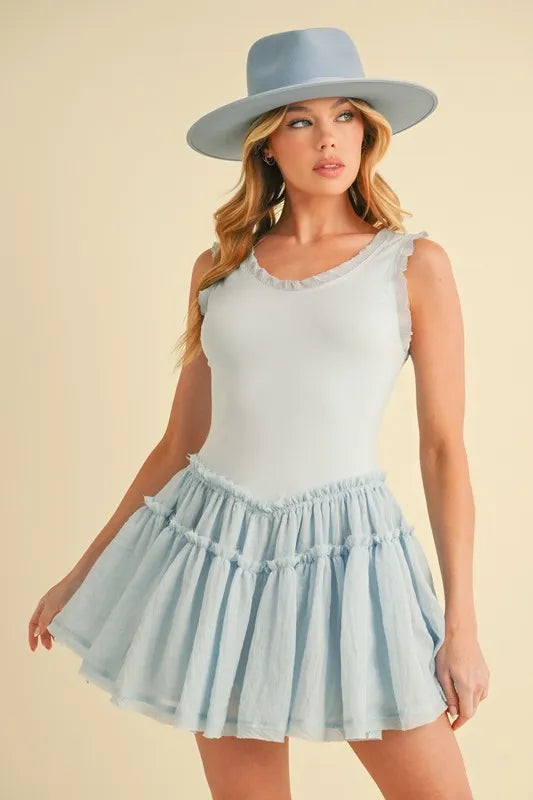Aemi+Co Frill Sleeveless Drop Waist Mini Dress SKY