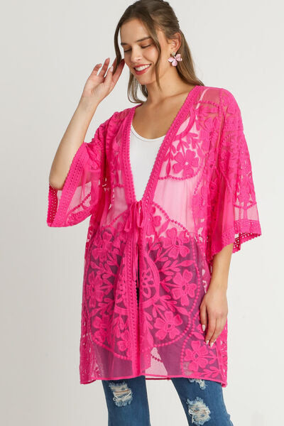 Umgee Full Size Floral Lace Open Front Kimono Sleevee Cover Up with Waist Tie Plus Size Hot Pink