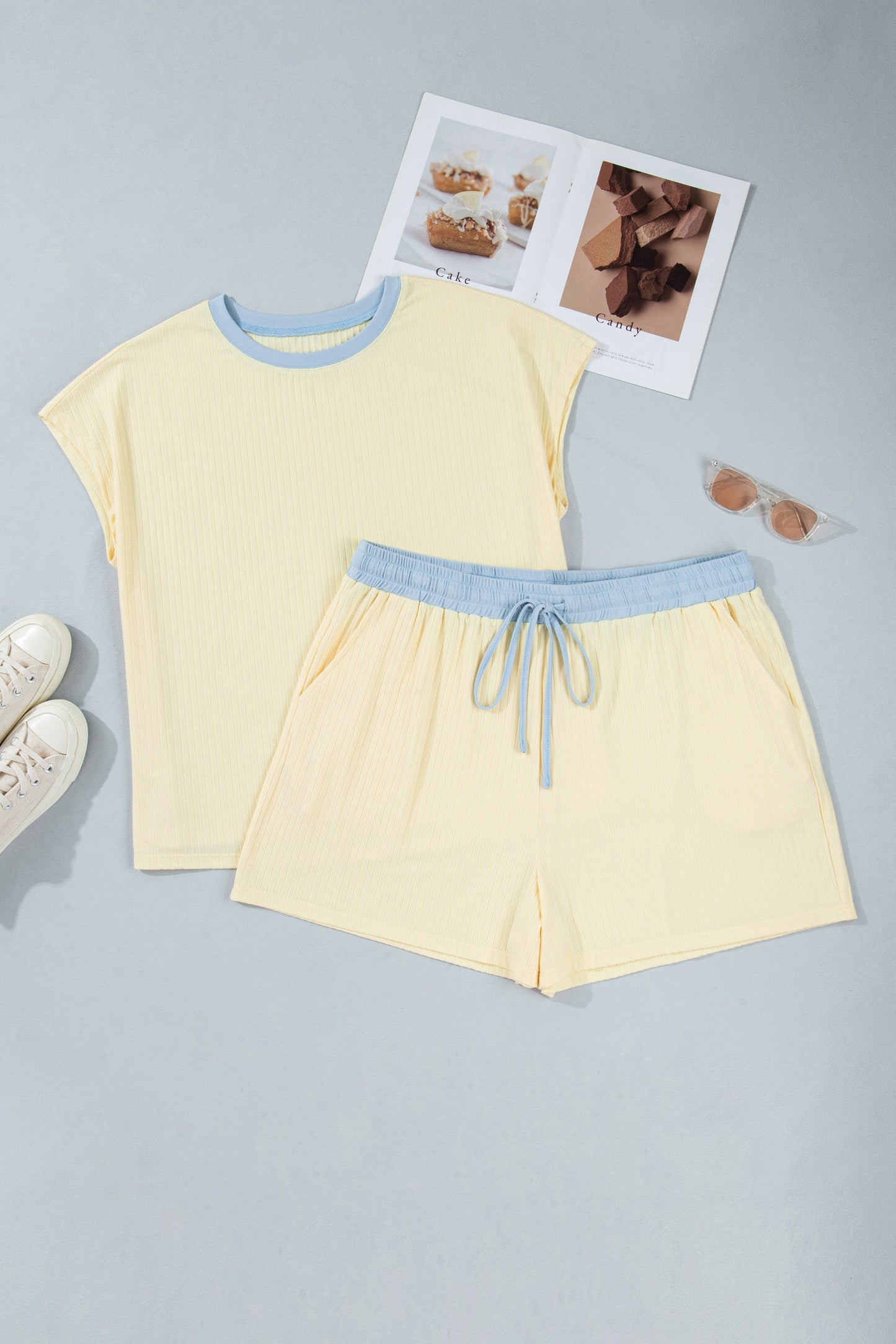 Plus Size Colorblock Ribbed Top & Drawstring Shorts Set