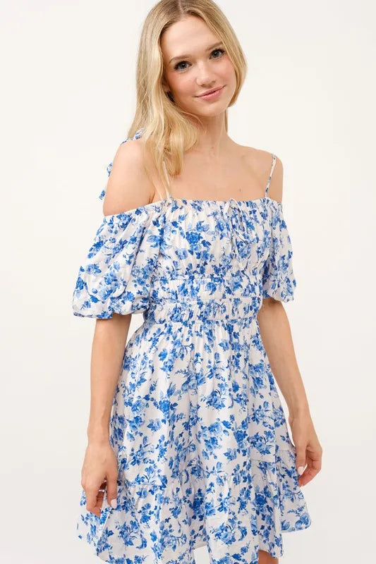 And The Why Off Shoulder Bubble Sleeve Dress White Blue